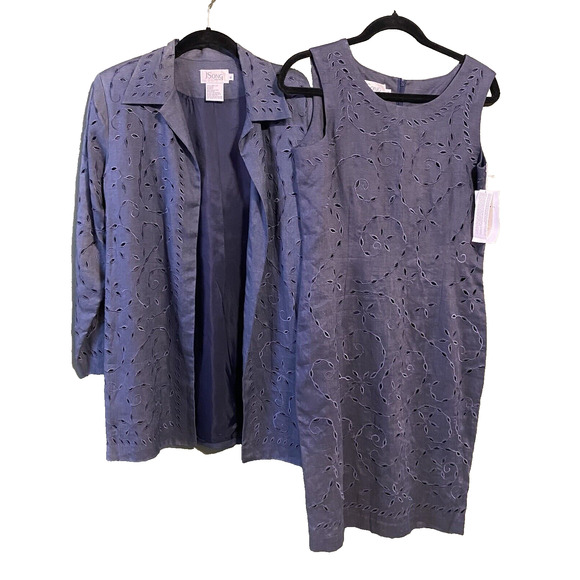 JSong Skirt Suit Womens Size 6 100% Linen Floral Eyelet Lace Gray Vintage Career - Picture 1 of 13